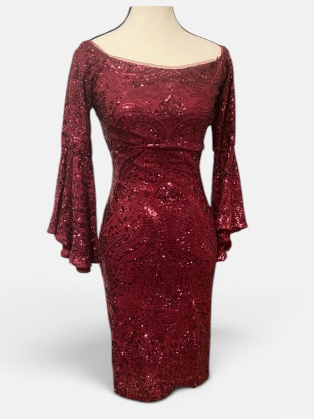 Betsy & Adam Burgundy Sequin Off Shoulder Dress Bell Sleeve Cocktail Party 4P